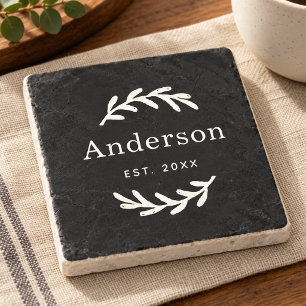 Rustic Laurel Wreath Monogram Est Date Stone Coaster