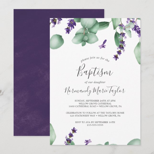 Rustic Lavender and Eucalyptus Baptism Invitation (Front/Back)