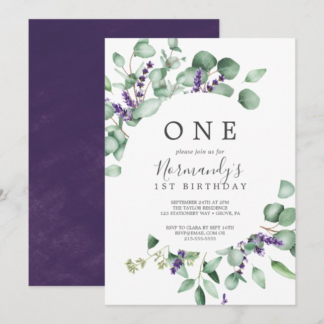 Rustic Lavender and Eucalyptus First Birthday Invitation (Front/Back)