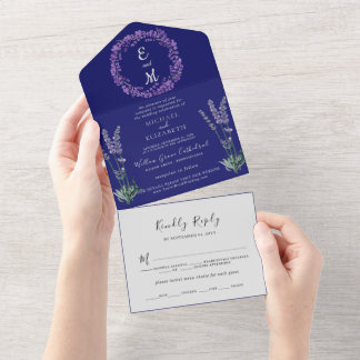 Rustic Lavender and Eucalyptus | Navy Blue Wedding All In One Invitation