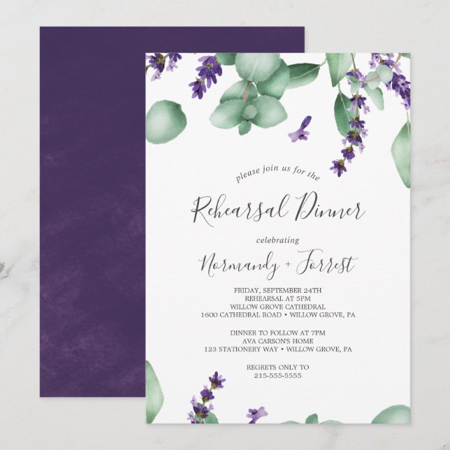 Rustic Lavender and Eucalyptus Rehearsal Dinner Invitation (Front/Back)