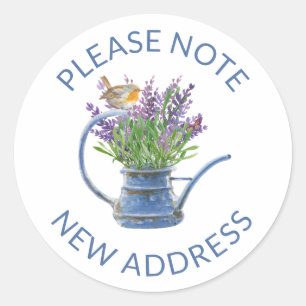 Rustic Lavender and Robin Watercolor New Address Classic Round Sticker
