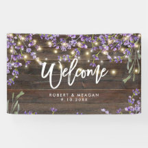 rustic lavender and wood wedding welcome banner