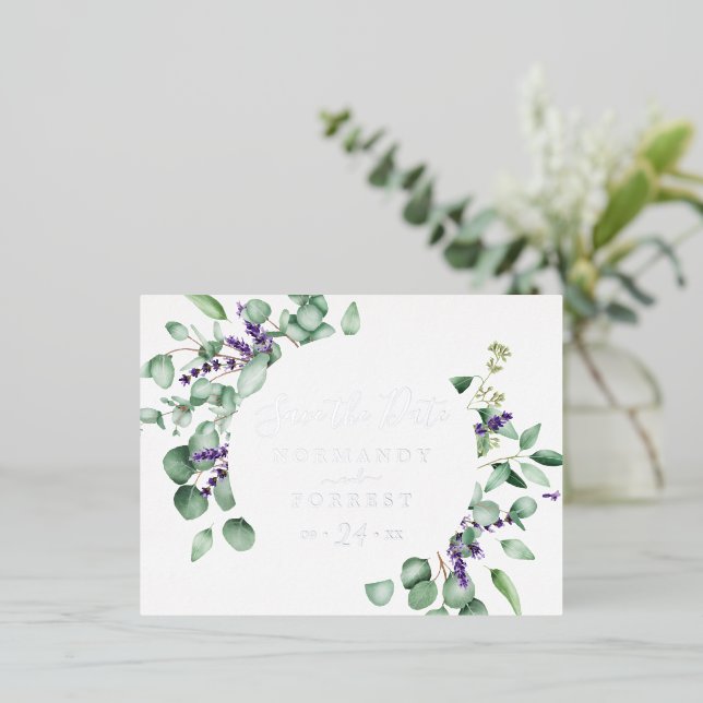Rustic Lavender Circle | Silver Foil Save the Date Foil Invitation Postcard (Standing Front)