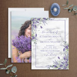 Rustic Lavender Eucalyptus Greenery Photo Wedding Invitation<br><div class="desc">Create the perfect wedding invitation with this beautiful watercolor design featuring lavender and eucalyptus greenery design,  featuring hand lettered script typography,  your favourite engagement photo on the reverse,  and a faux carrera marble background. Copyright Elegant Invites,  all rights reserved.</div>