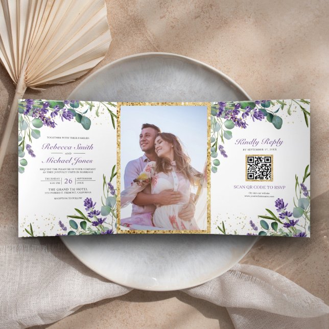 Rustic Lavender Eucalyptus Photo QR Code Wedding Tri-Fold Invitation (Creator Uploaded)