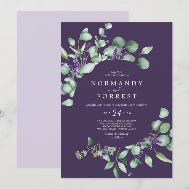 Rustic Lavender & Eucalyptus Purple Casual Wedding Invitation (Front/Back)