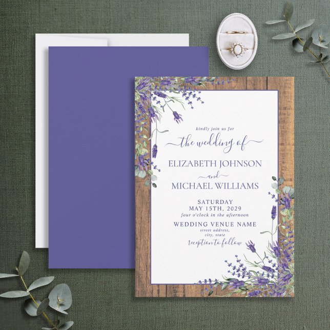 Rustic Lavender Eucalyptus Wood Script Wedding Invitation (Creator Uploaded)