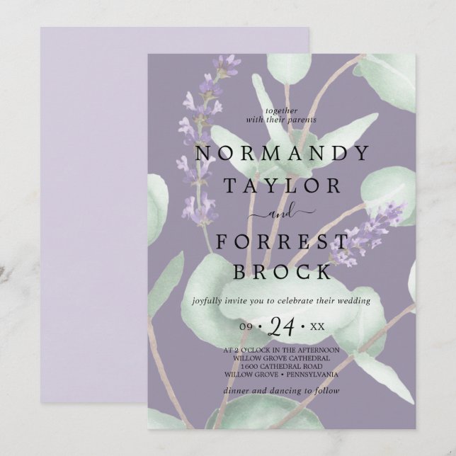 Rustic Lavender Faded Eucalyptus Wedding Invitation (Front/Back)