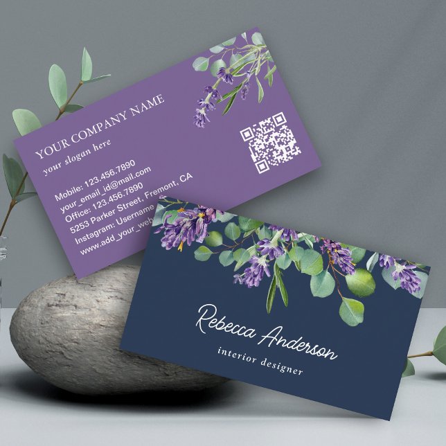 Rustic Lavender Floral Eucalyptus Navy QR Code Business Card (Creator Uploaded)