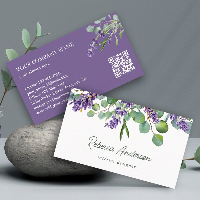 Rustic Lavender Floral Eucalyptus QR Code Business Card (Creator Uploaded)