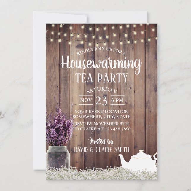 Rustic Lavender Floral Housewarming Tea Party Invitation (Front)