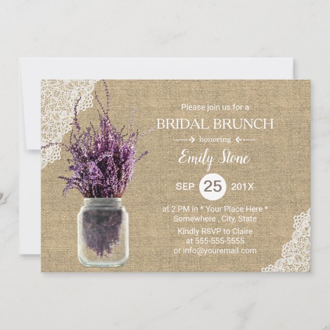 Rustic Lavender Floral Jar Burlap Bridal Shower Invitation (Front)