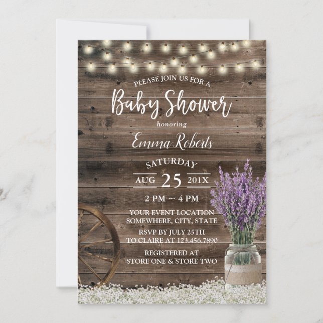 Rustic Lavender Floral String Lights Baby Shower Invitation (Front)