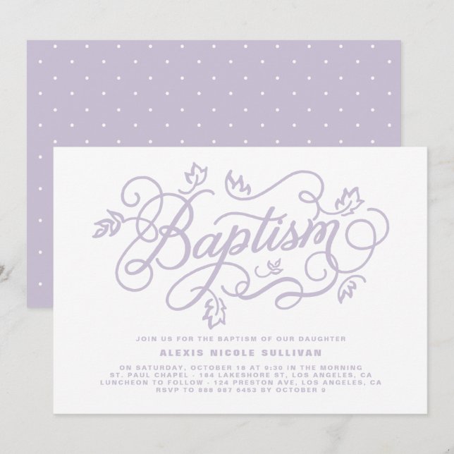 Rustic Lavender Foliage Lettering Baptism Invitation (Front/Back)