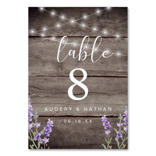 Rustic Lavender Lights Wedding  Table Number (Front)