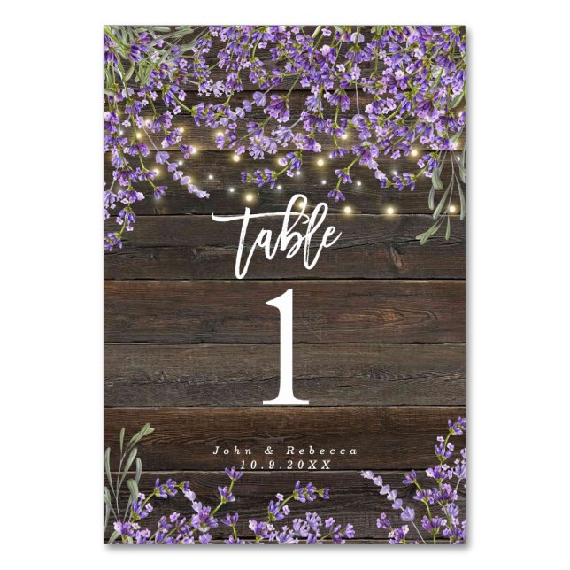 rustic lavender lights wedding table number card (Front)