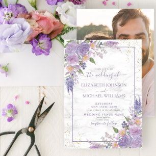 Rustic Lavender Lilac Gold Floral Photo Wedding Invitation