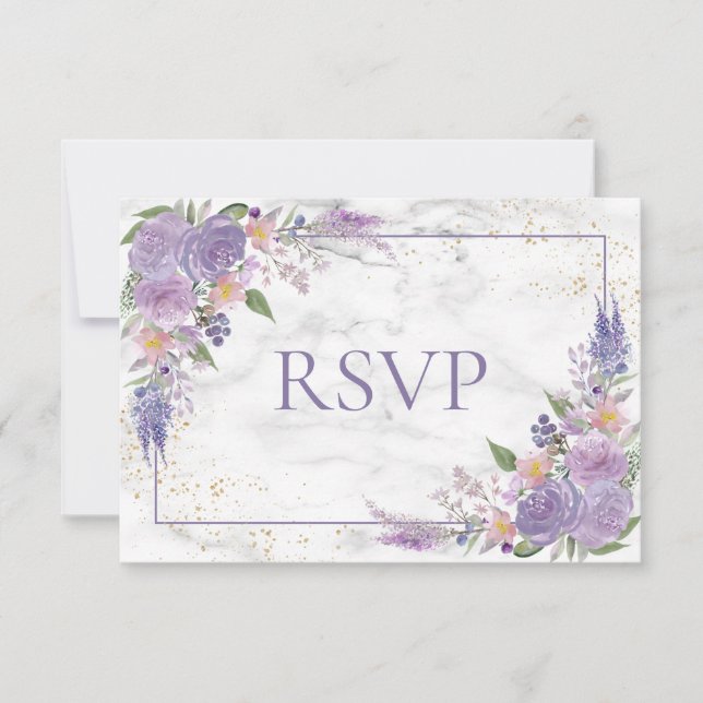 Rustic Lavender Lilac Gold Floral Wedding RSVP (Front)