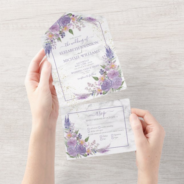 Rustic Lavender Lilac Marble Gold Floral Wedding All In One Invitation (Tearaway)
