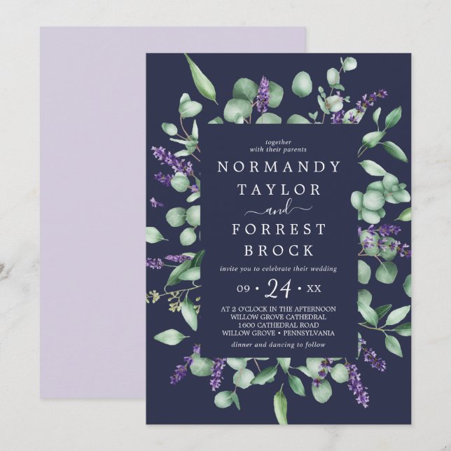 Rustic Lavender | Navy Blue Floral Frame Wedding Invitation (Front/Back)