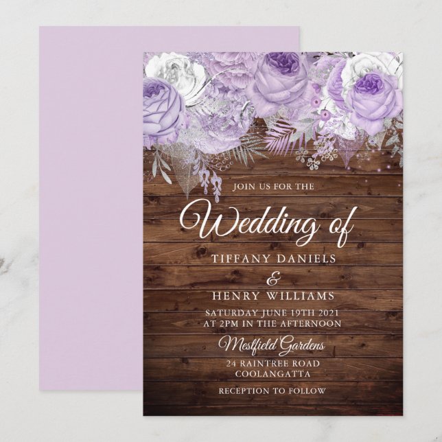 Rustic Lavender Purple Sparkle Floral Wedding Invitation (Front/Back)