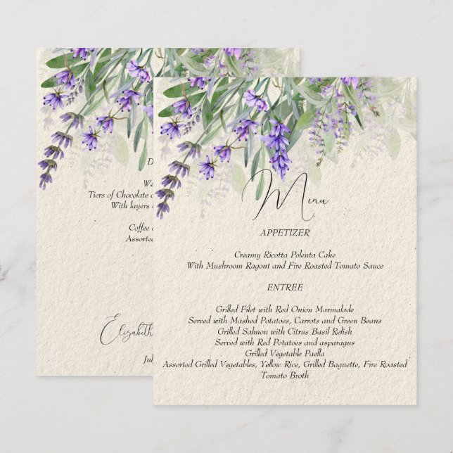 Rustic lavender wedding menu card (Front/Back)