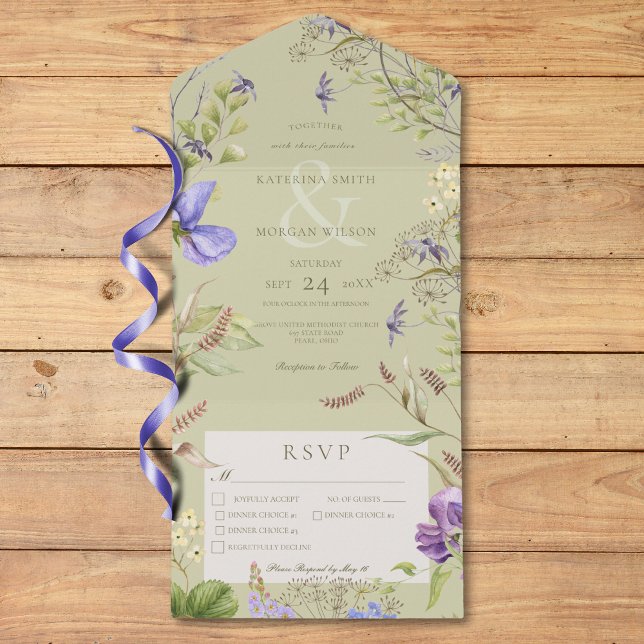 Rustic Lavender Wildflowers Sage Three Dinner All In One Invitation (Rustic Lavender Wildflowers Sage Three Dinner All In One Invitation)