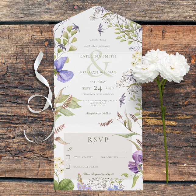 Rustic Lavender Wildflowers White No Dinner All In One Invitation (Rustic Lavender Wildflowers White All In One Wedding Invitation without Dinner Options)