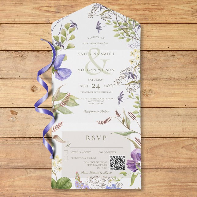 Rustic Lavender Wildflowers White QR Code All In One Invitation (Rustic Lavender Wildflowers White QR Code All In One Invitation)