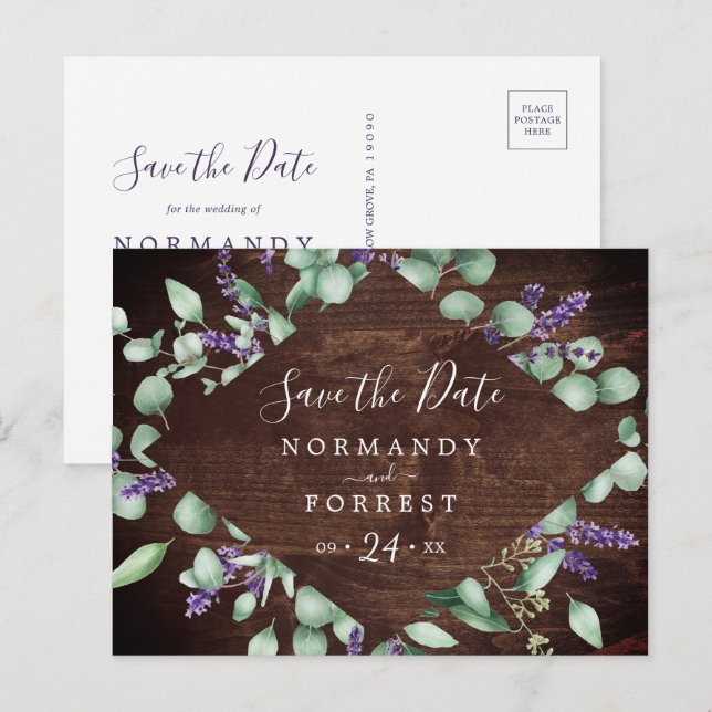 Rustic Lavender | Wooden Save the Date Postcard (Front/Back)
