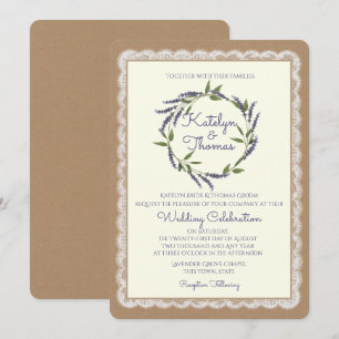 Rustic Lavender Wreath and Lace Wedding Invitation