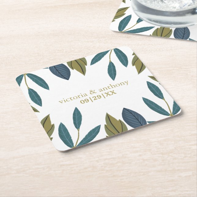 Rustic Leaf Floral Wedding Square Paper Coaster (Angled)