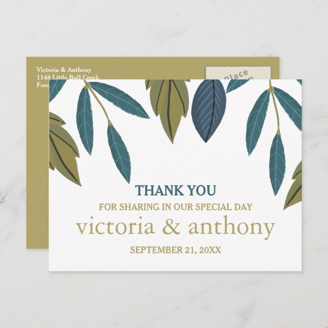 Rustic Leaf Floral Wedding Thank You Postcard (Front/Back)