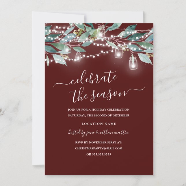 Rustic Leaf Lights Red Christmas Party Invitation (Front)
