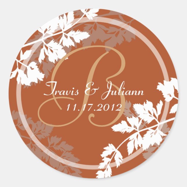 Rustic Leaf Monogram Classic Round Sticker (Front)