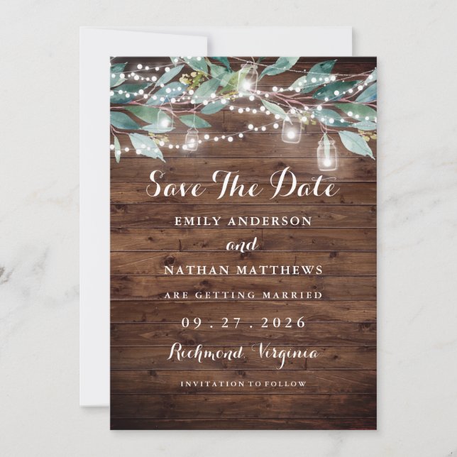 Rustic Leaf String lights Wood Save The Date (Front)