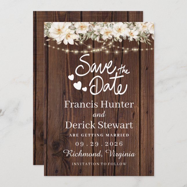 Rustic Leaf String lights Wood Save The Date Invitation (Front/Back)