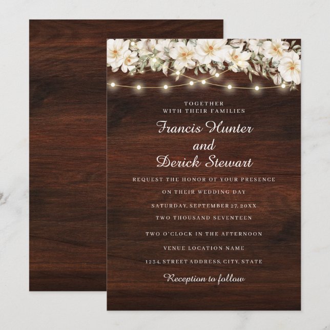 Rustic Leaf String lights Wood Wedding Invitation (Front/Back)