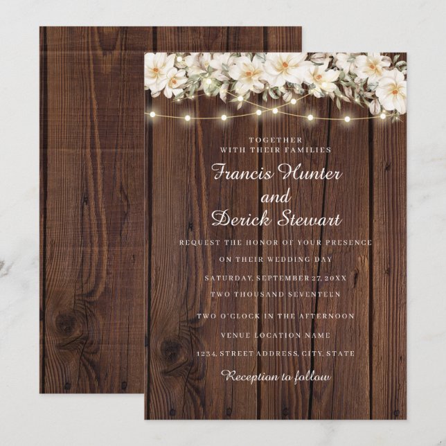 Rustic Leaf String lights Wood Wedding Invitation (Front/Back)