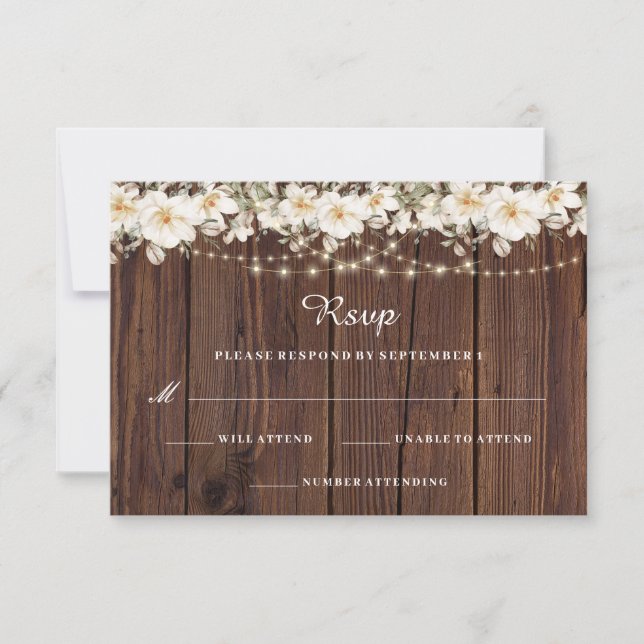 Rustic Leaf String lights Wood Wedding RSVP (Front)