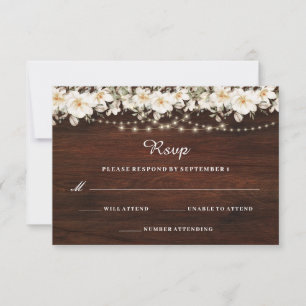 Rustic Leaf String lights Wood Wedding RSVP Card