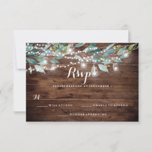Rustic Leaf String lights Wood Wedding RSVP Card