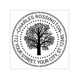 Rustic Leafy Family Tree Rnd Name Return Address Self-inking Stamp