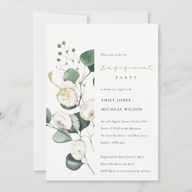 Rustic Leafy Green Eucalyptus Engagement Invite (Front)