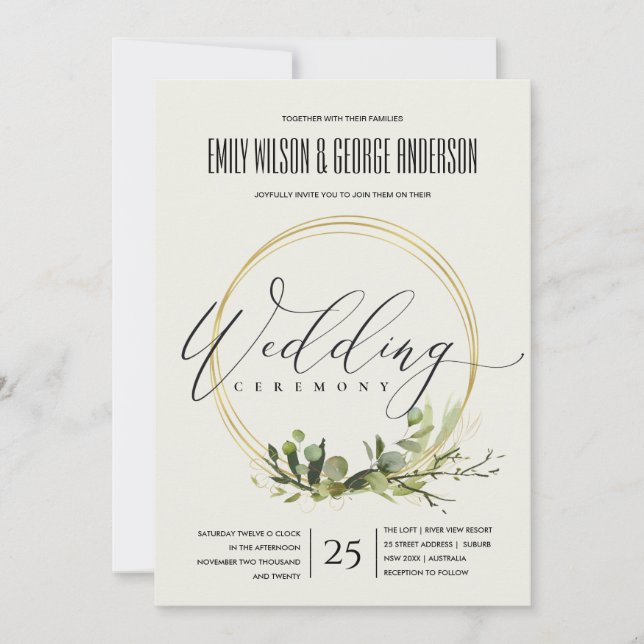 RUSTIC LEAFY GREEN GOLD FOLIAGE WATERCOLOR WEDDING INVITATION (Front)