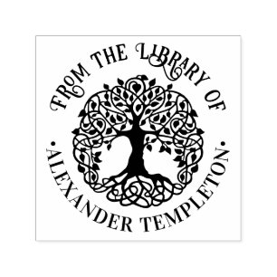 Rustic Leafy Tree with Roots Rnd Library Book Name Self-inking Stamp
