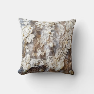 Rustic Leather, Antique Lace and Buttons Western Throw Pillow