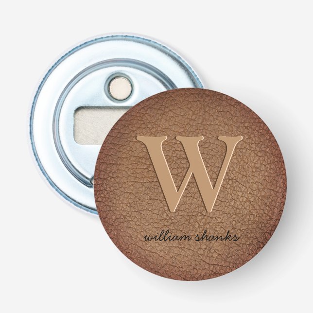 Rustic leather black gold script monogram stylish  bottle opener (Front)