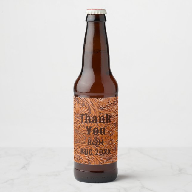 Rustic leather western country cowboy wedding  beer bottle label (Front)